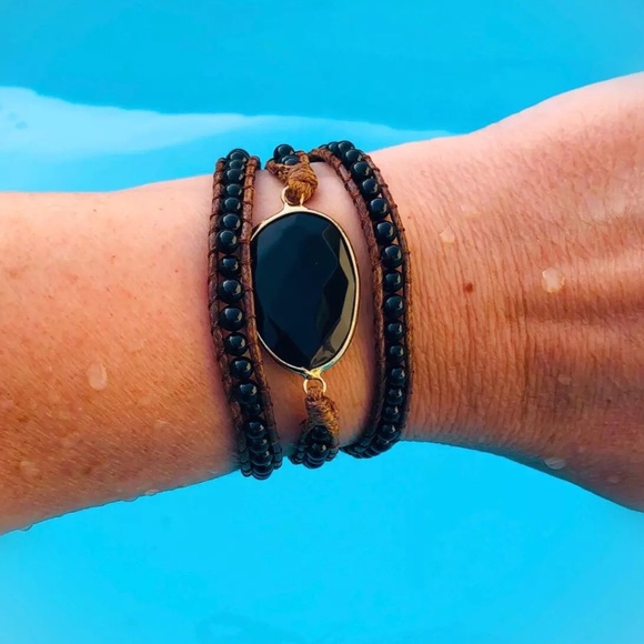 NEW Black Onyx Boho Beaded Leather Wrap Bracelet - Picture 5 of 8